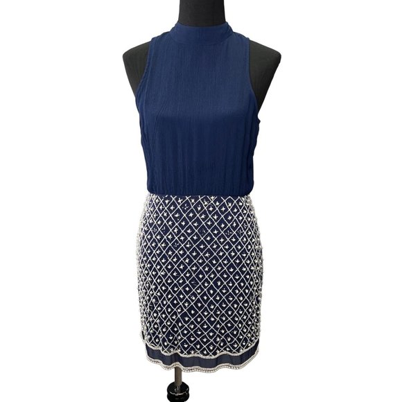 NBD Revolve Best Mistake Dress size S Navy Blue Beaded Mini Sleeveless - Picture 2 of 10